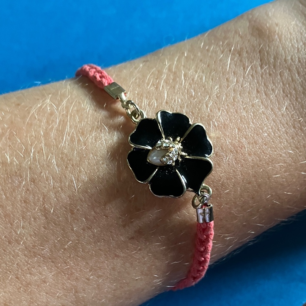Black Flower Bracelet with Pearl Ladybug on Bubblegum‎ Pink Cord